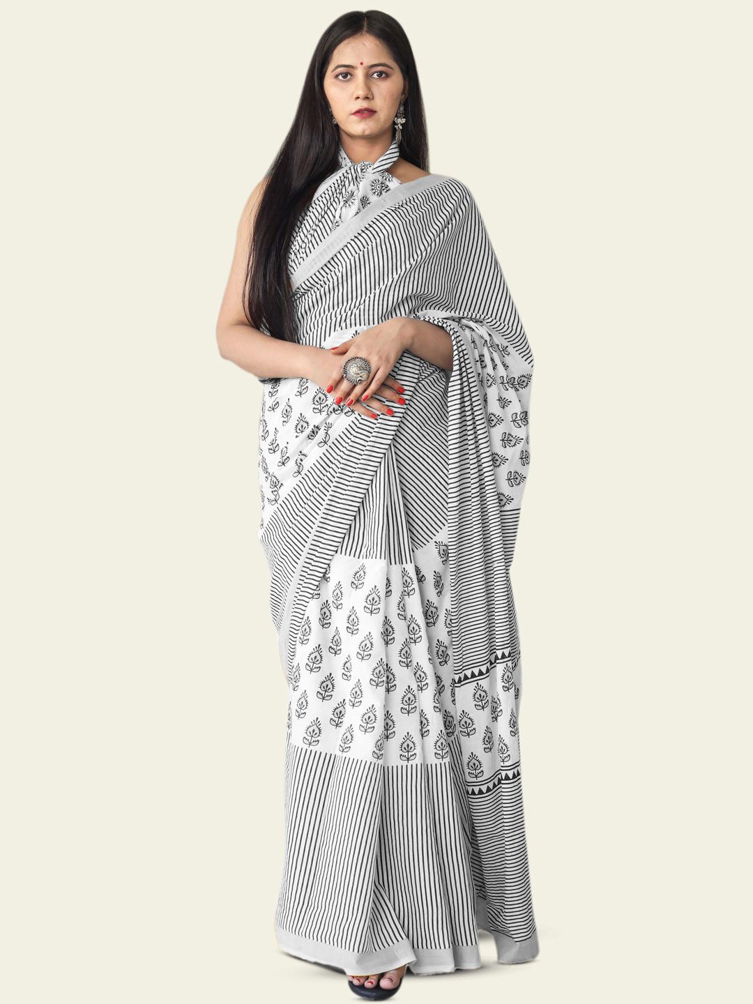

BUTA BUTI Ethnic Motifs Printed Pure Cotton Saree, Black