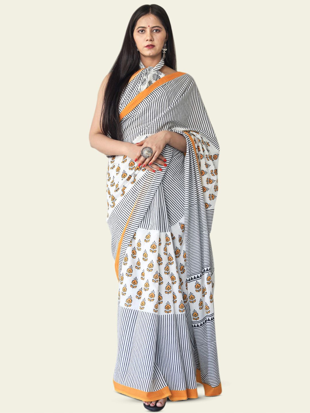 

BUTA BUTI Ethnic Motifs Printed Pure Cotton Saree, White