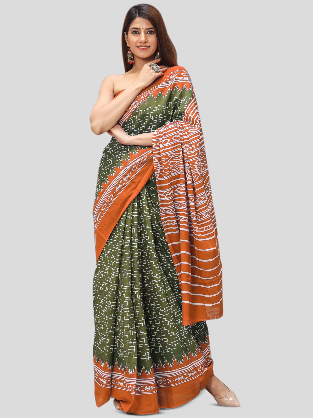 

BUTA BUTI Printed Pure Cotton Saree, Olive