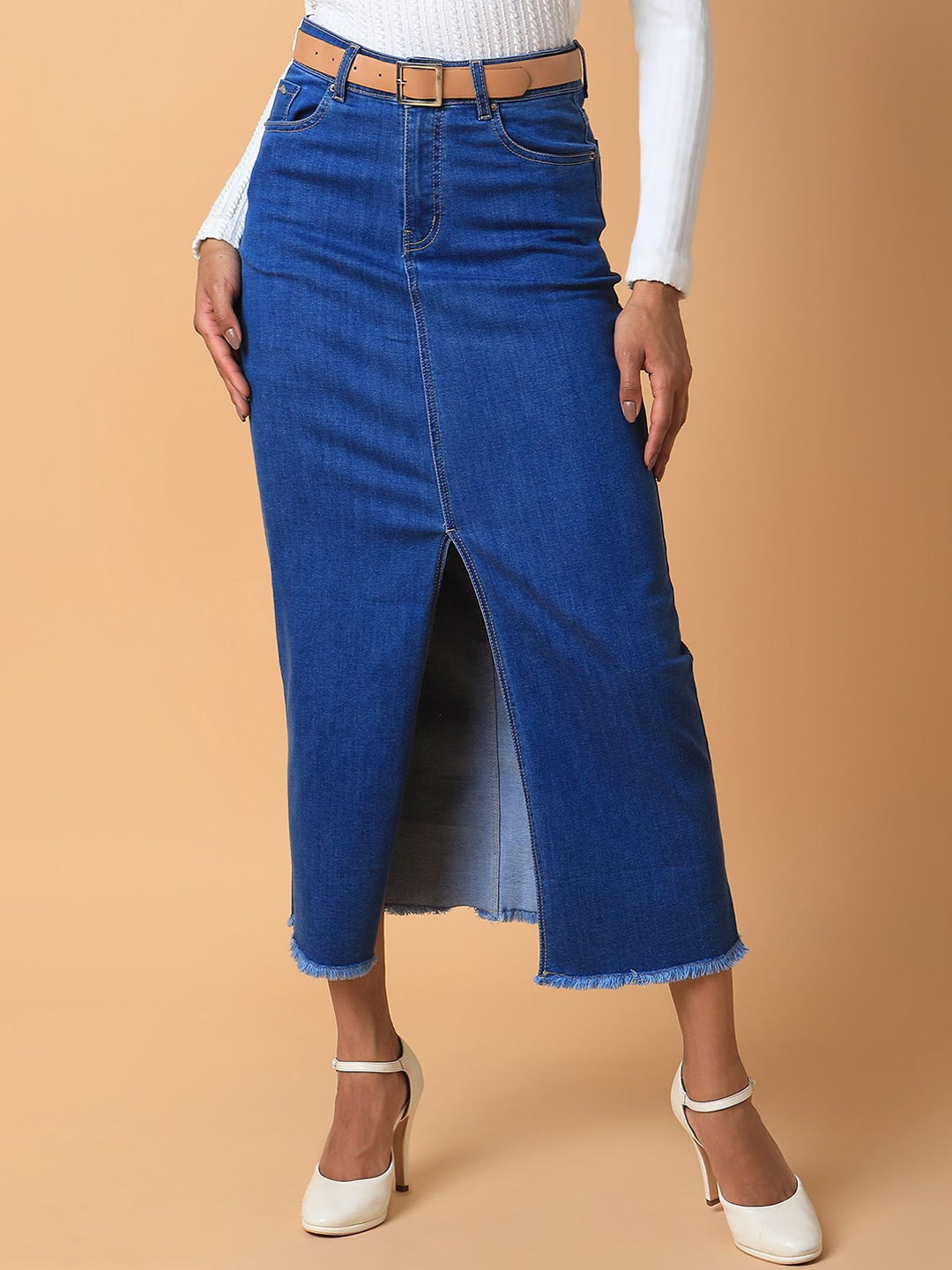 

SHOWOFF Denim Straight Mini Skirt With Belt, Blue