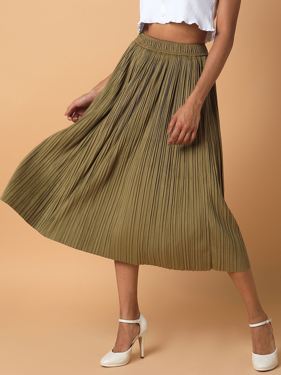 

SHOWOFF Pleated Flared Midi Skirts, Olive