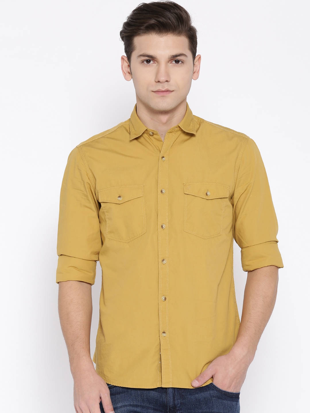 

John Players Men Mustard Yellow Trim Fit Solid Casual Shirt