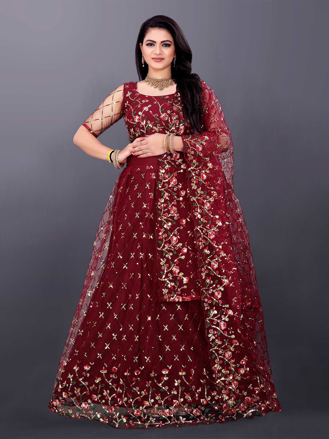 

DDRS FASHION Embroidered Sequined Ready to Wear Lehenga & Blouse With Dupatta, Maroon