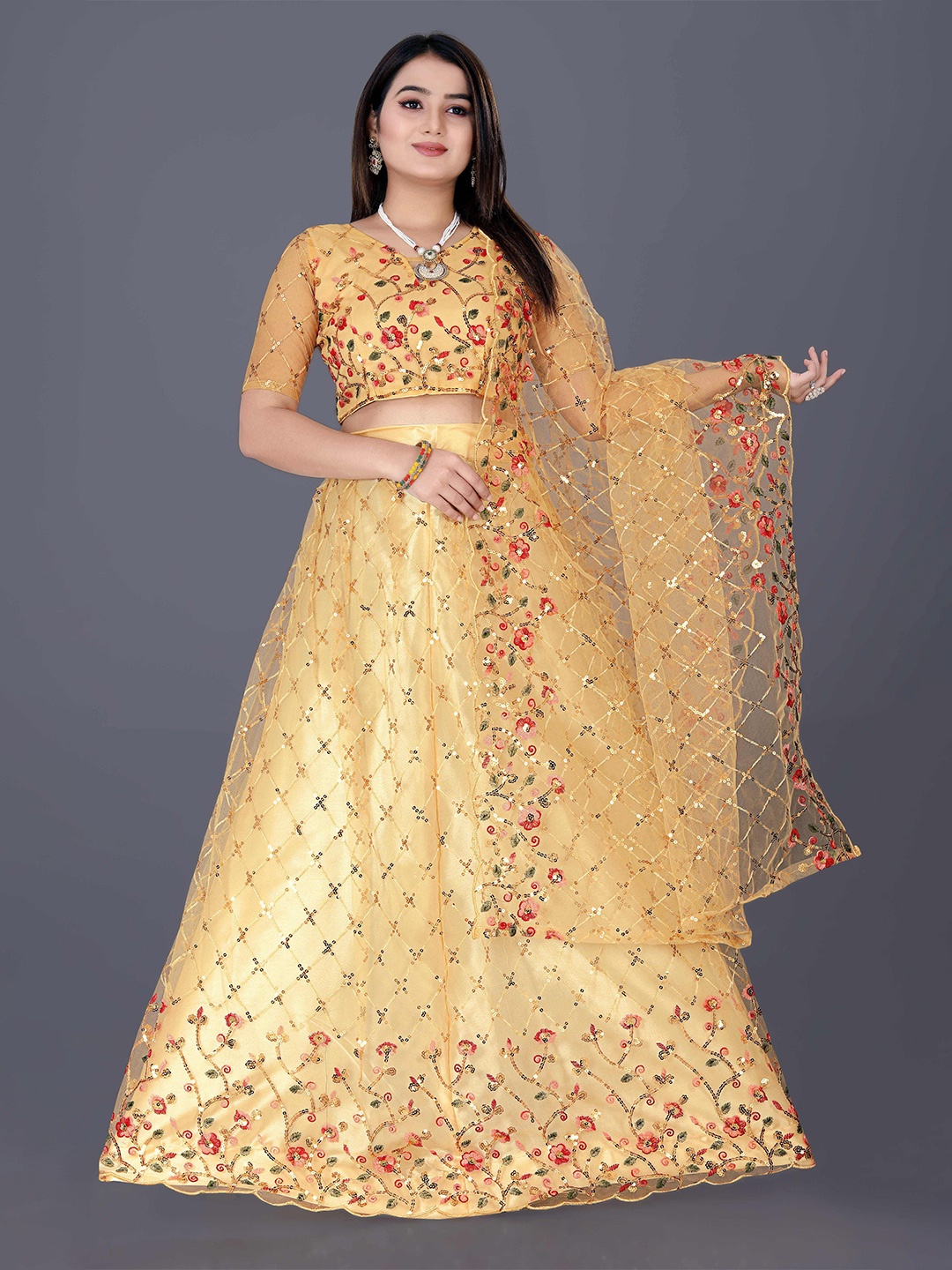 

DDRS FASHION Embroidered Sequined Ready to Wear Lehenga & Blouse With Dupatta, Gold