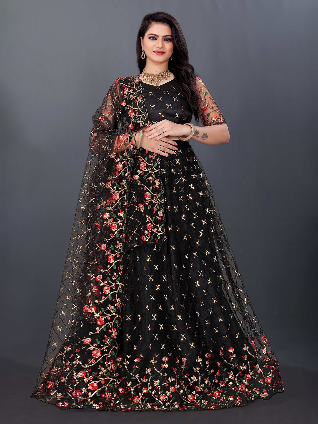 

DDRS FASHION Embroidered Sequinned Ready to Wear Lehenga & Unstitched Blouse With Dupatta, Black