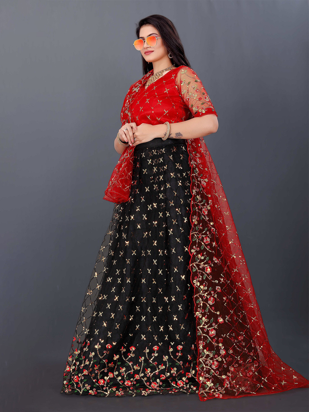 

DDRS FASHION Embroidered Sequinned Ready to Wear Lehenga & Unstitched Blouse With Dupatta, Black
