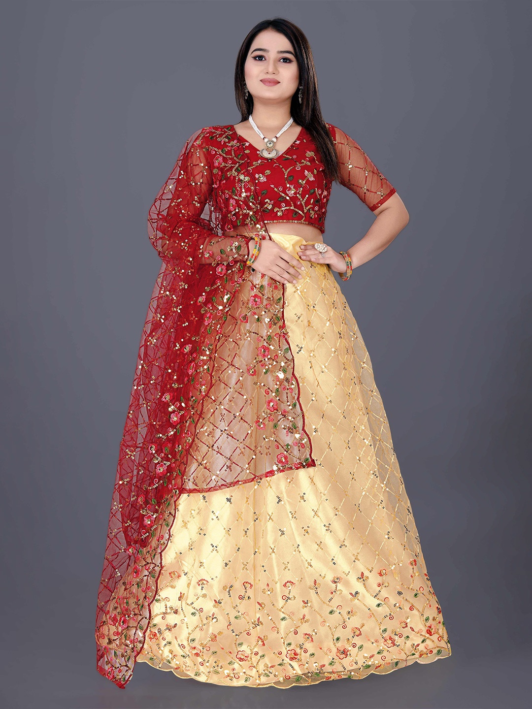 

DDRS FASHION Embroidered Sequinned Ready to Wear Lehenga & Unstitched Blouse With Dupatta, Gold