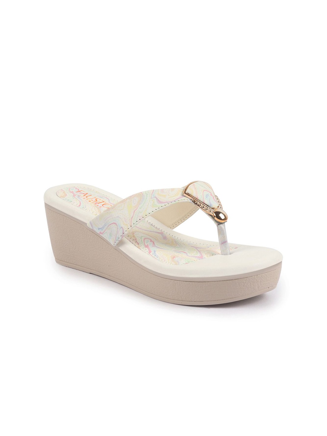 

FAUSTO Abstract Printed Glossy Buckle T-Strap Wedge Sandal, Cream