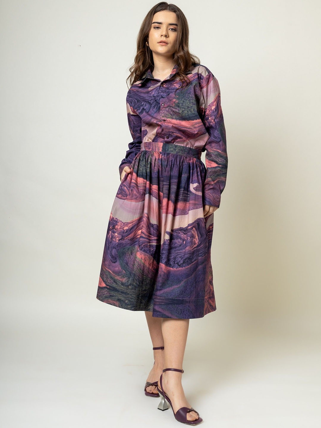 

Doodlage Printed Gathering Flared Midi Skirt, Purple