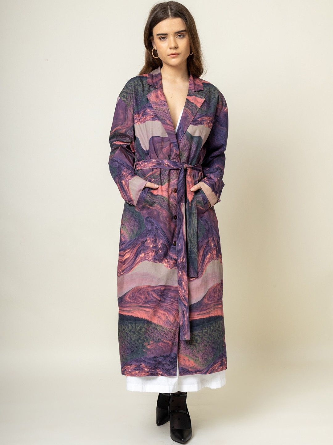 

Doodlage Women Abstract Printed Longline Jacket, Purple