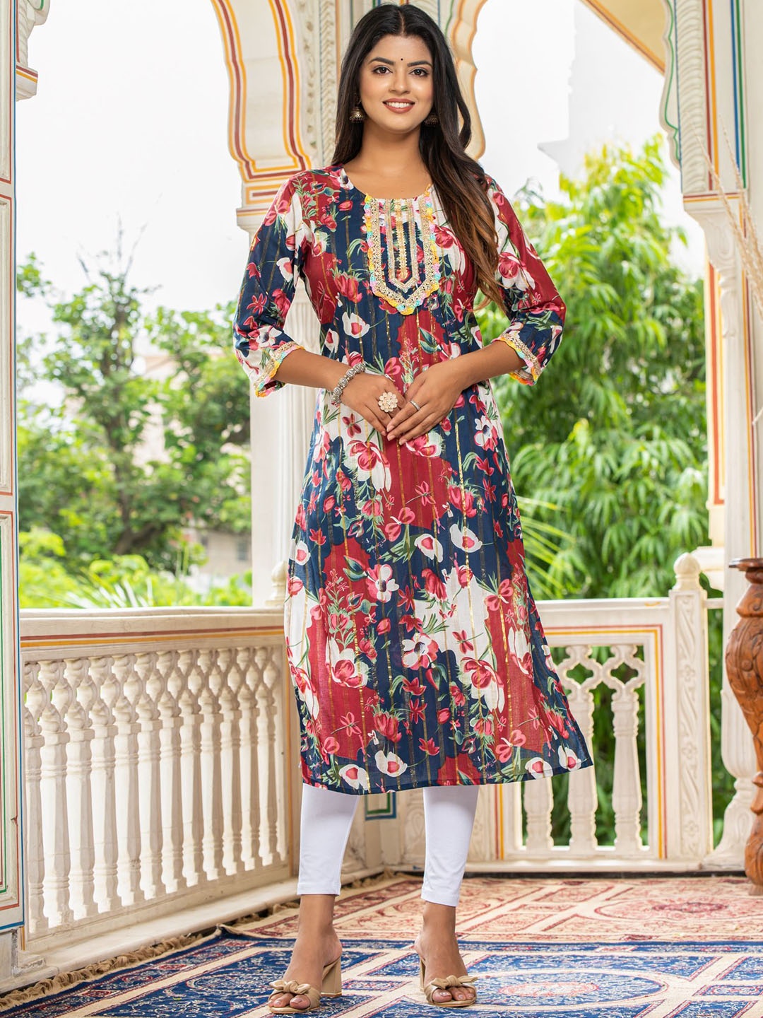 

CRENOL THREADS Floral Printed Sequinned Straight Kurta, Blue