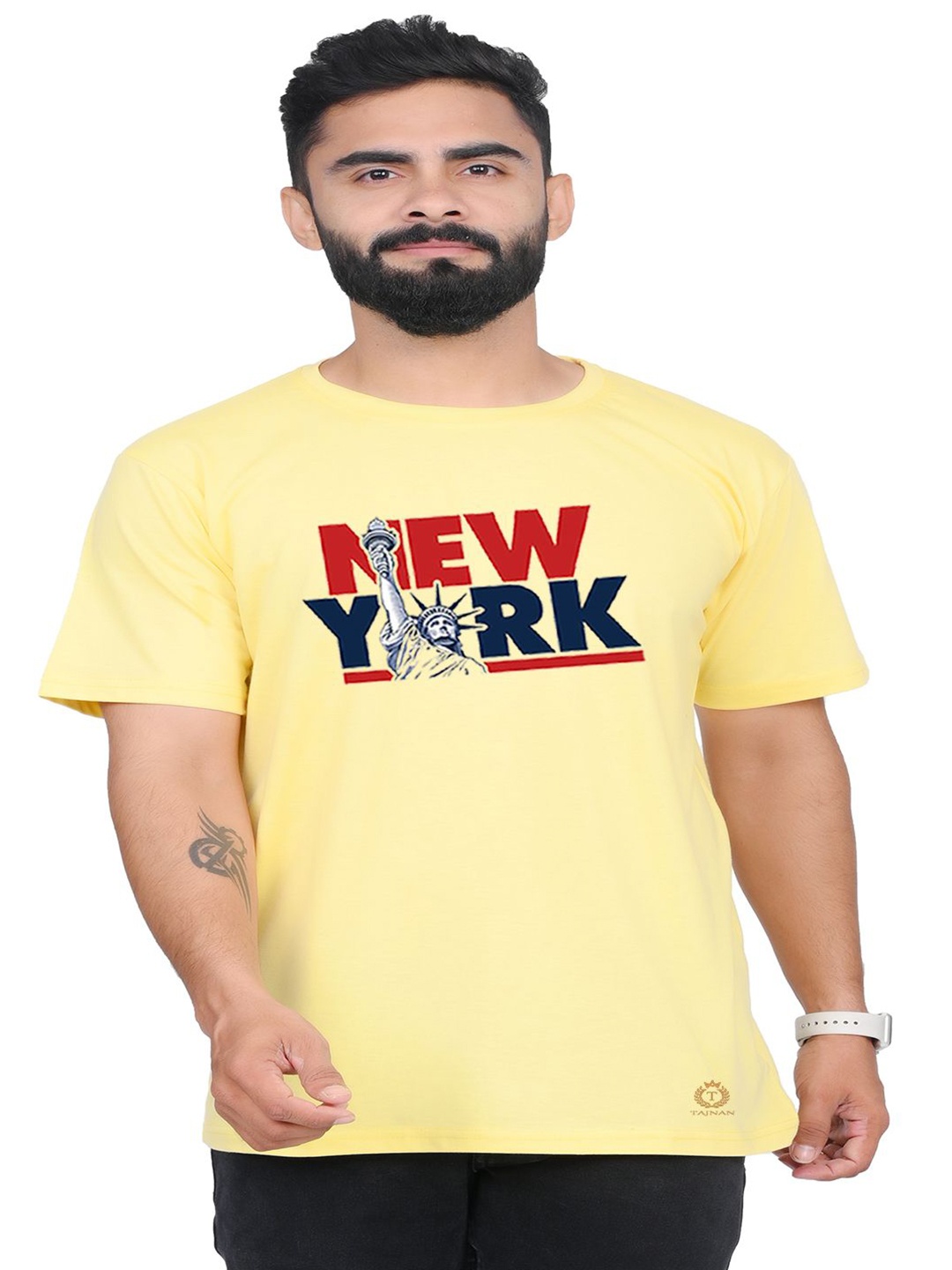 

TAJNAN Men Typography Printed Applique T-shirt, Yellow