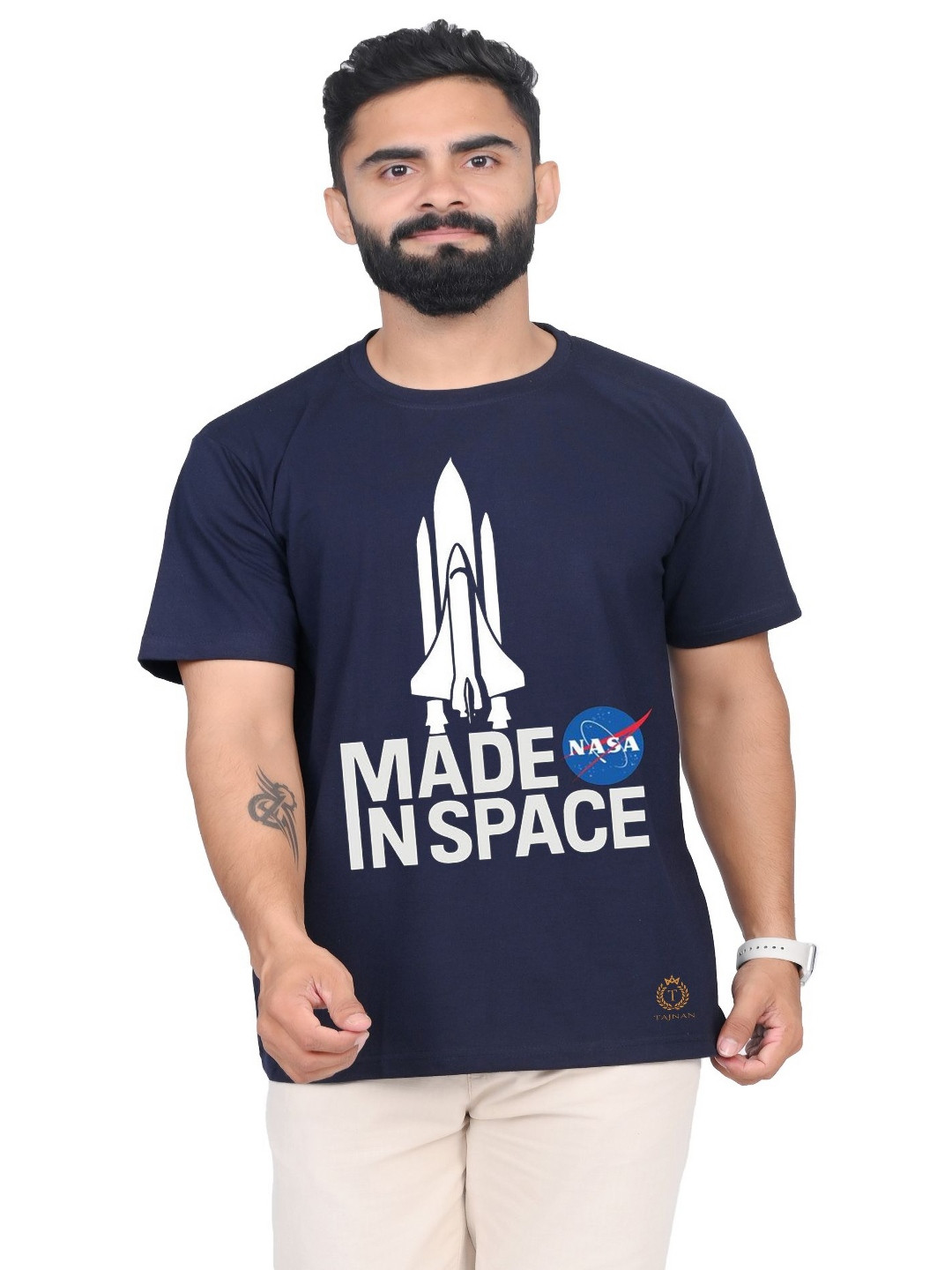 

TAJNAN Men Typography Printed Applique T-shirt, Blue