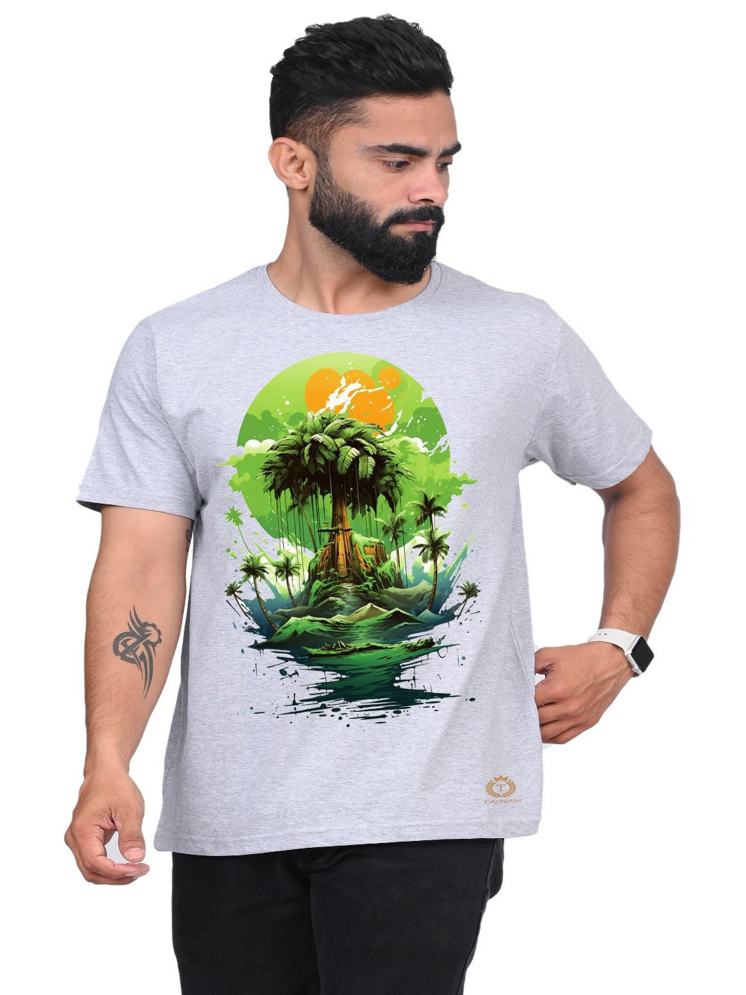 

TAJNAN Men Biker Printed T-shirt, Grey