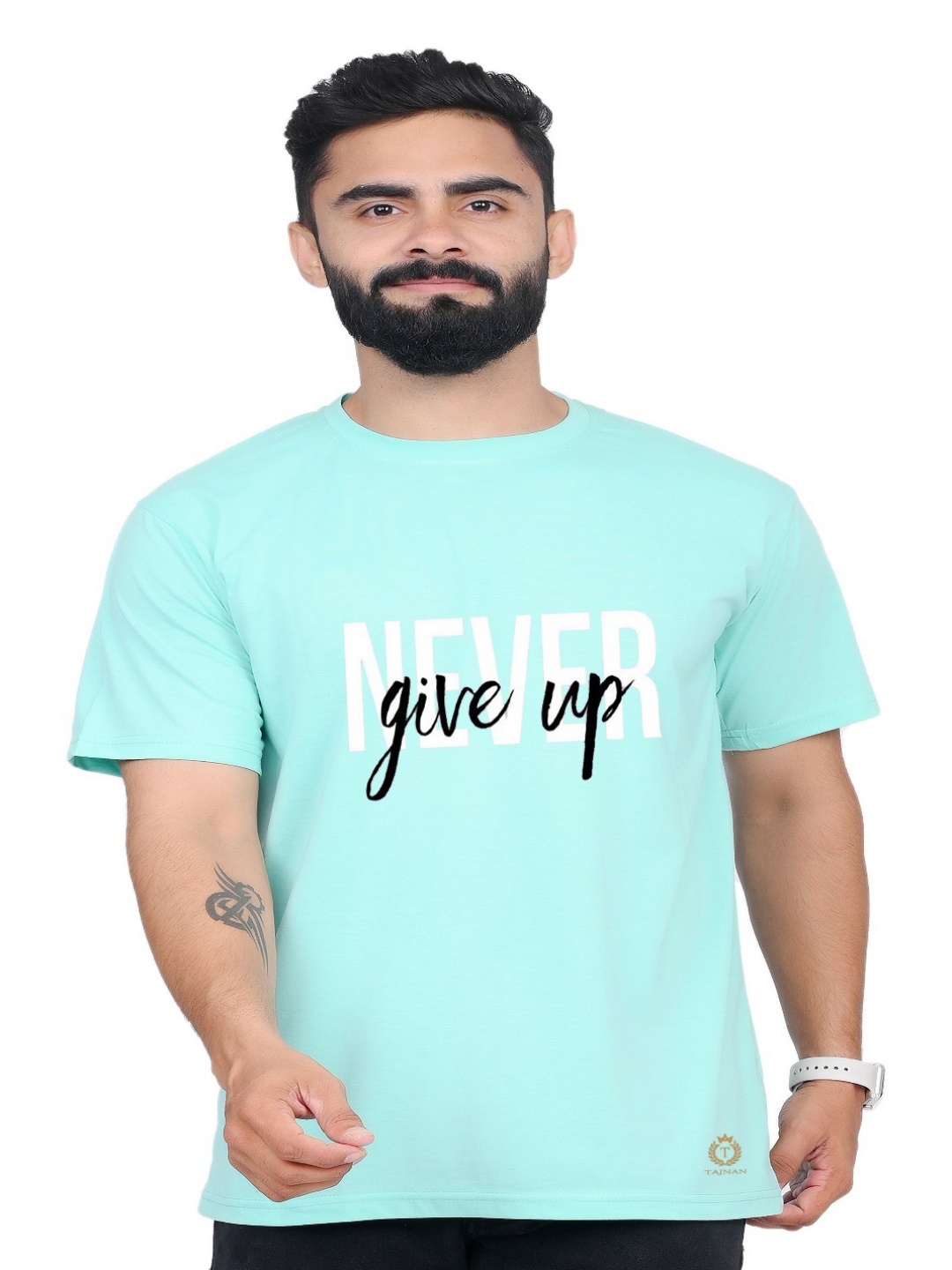 TAJNAN Men Typography Printed Applique T-shirt, Blue