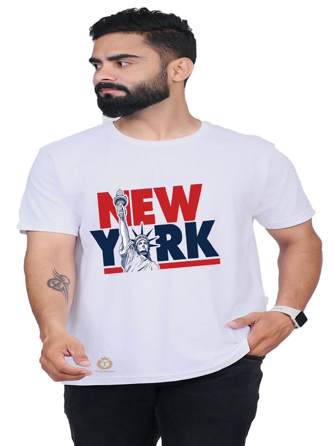 

TAJNAN Men Printed Applique T-shirt, White