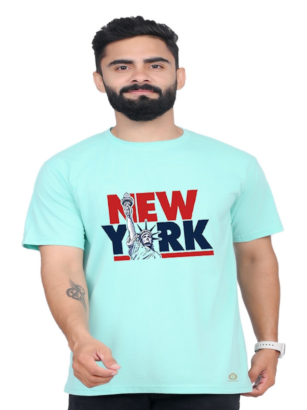 

TAJNAN Men Typography Printed Applique T-shirt, Blue