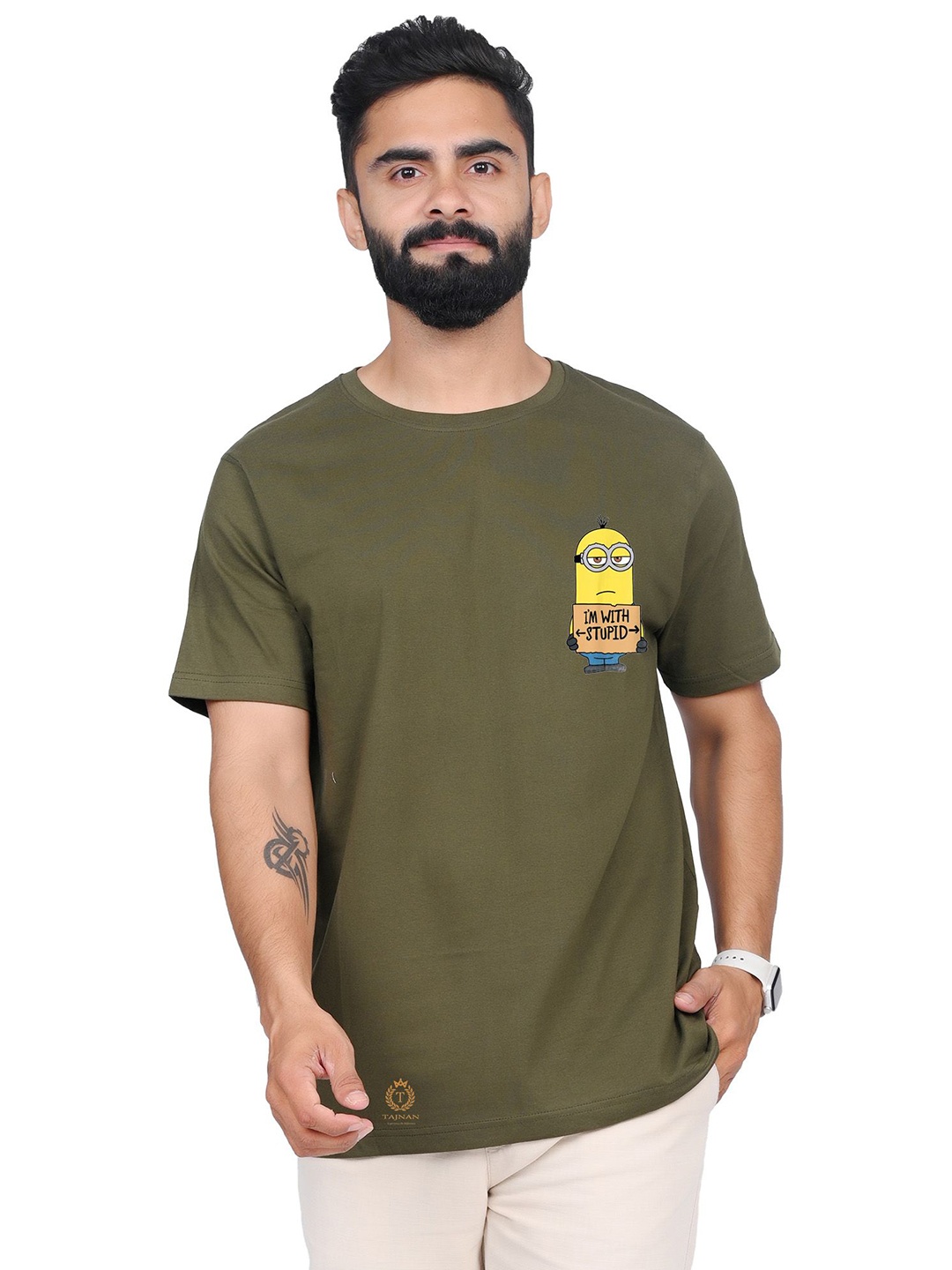 

TAJNAN Men Graphic Printed Round Neck T-shirt, Olive