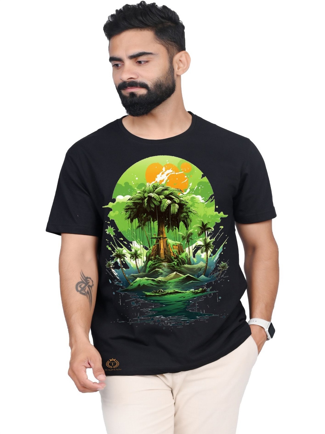 

TAJNAN Men Printed Raw Edge T-shirt, Black