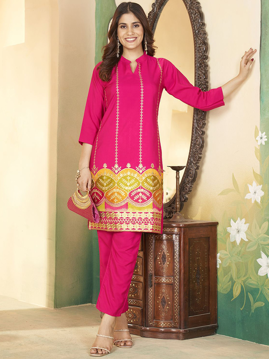 

KALINI Ethnic Motifs Embroidered Thread Work Straight Kurta with Trousers, Pink