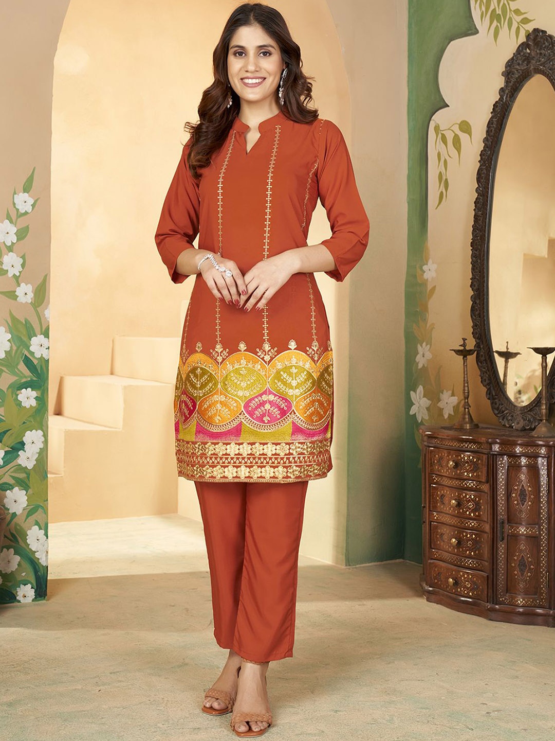 

KALINI Ethnic Motifs Embroidered Thread Work Straight Kurta with Trousers, Rust