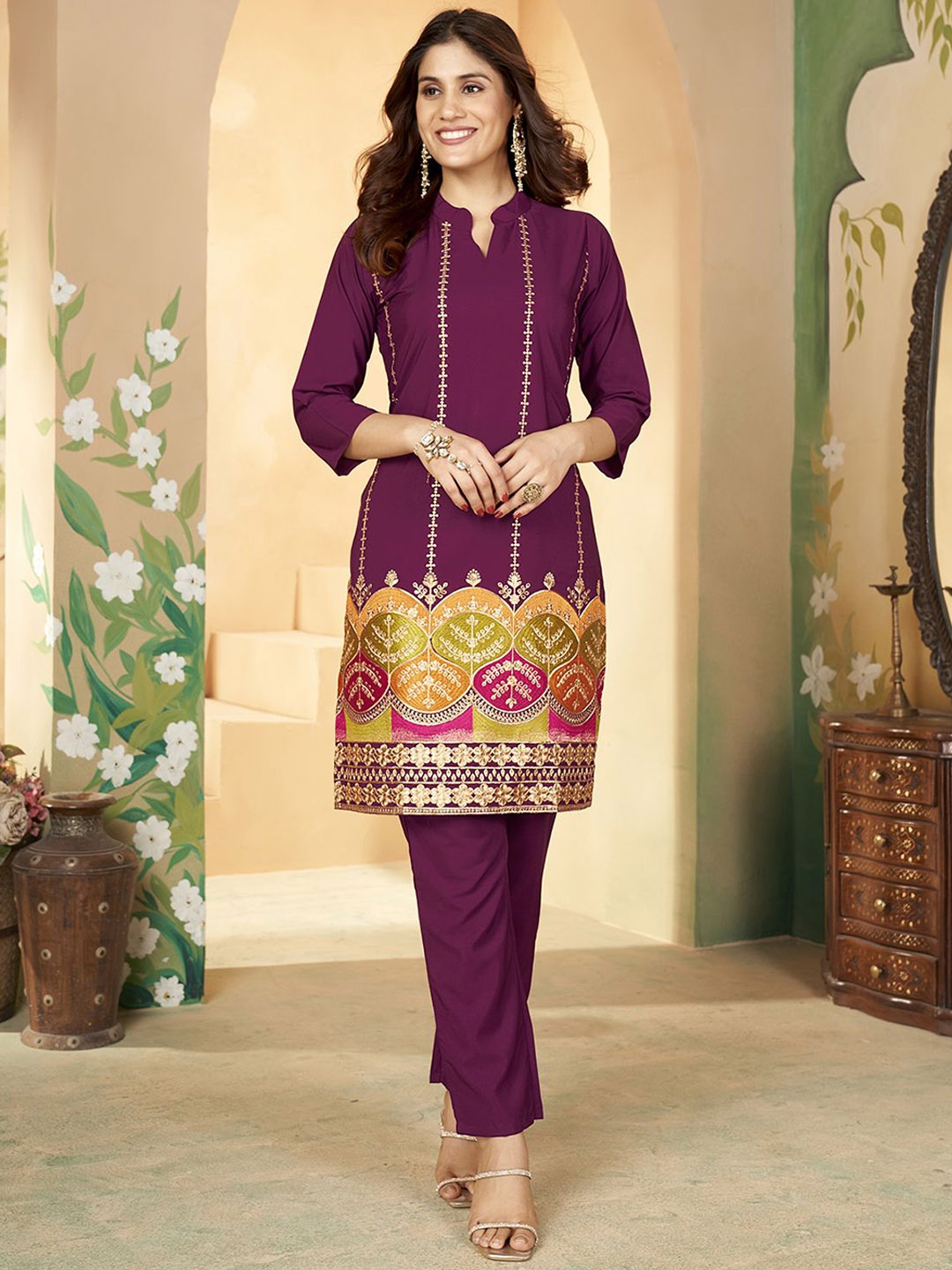 

KALINI Ethnic Motifs Embroidered Thread Work Straight Kurta with Trousers, Purple