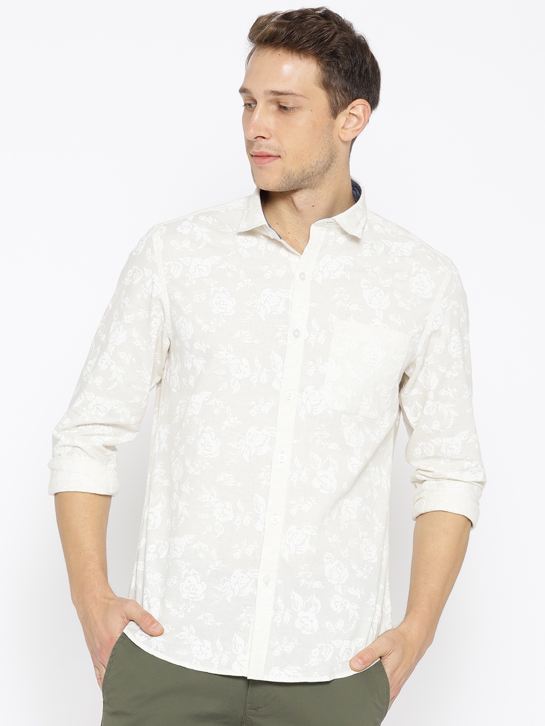 

John Players Men Off-White Trim Regular Fit Printed Casual Shirt