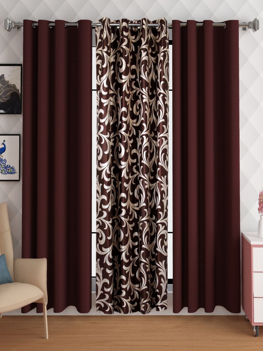 Lunar Days Brown 3 Pieces Floral Room Darkening Long Door Curtain