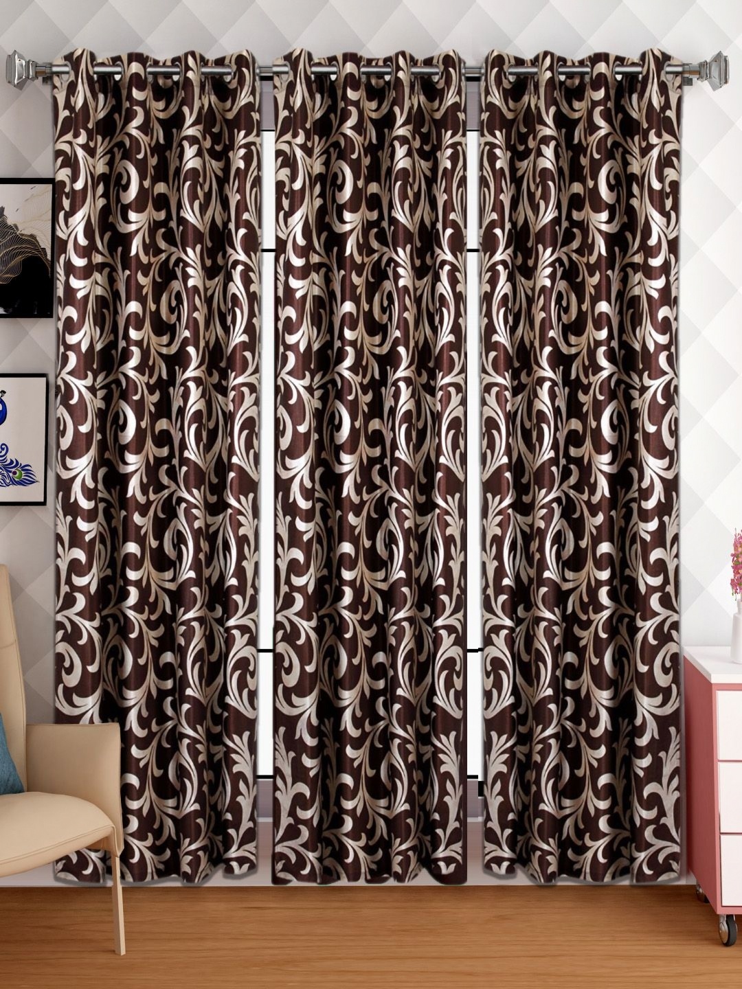 Lunar Days Brown 3 Pieces Floral Room Darkening Long Door Curtain