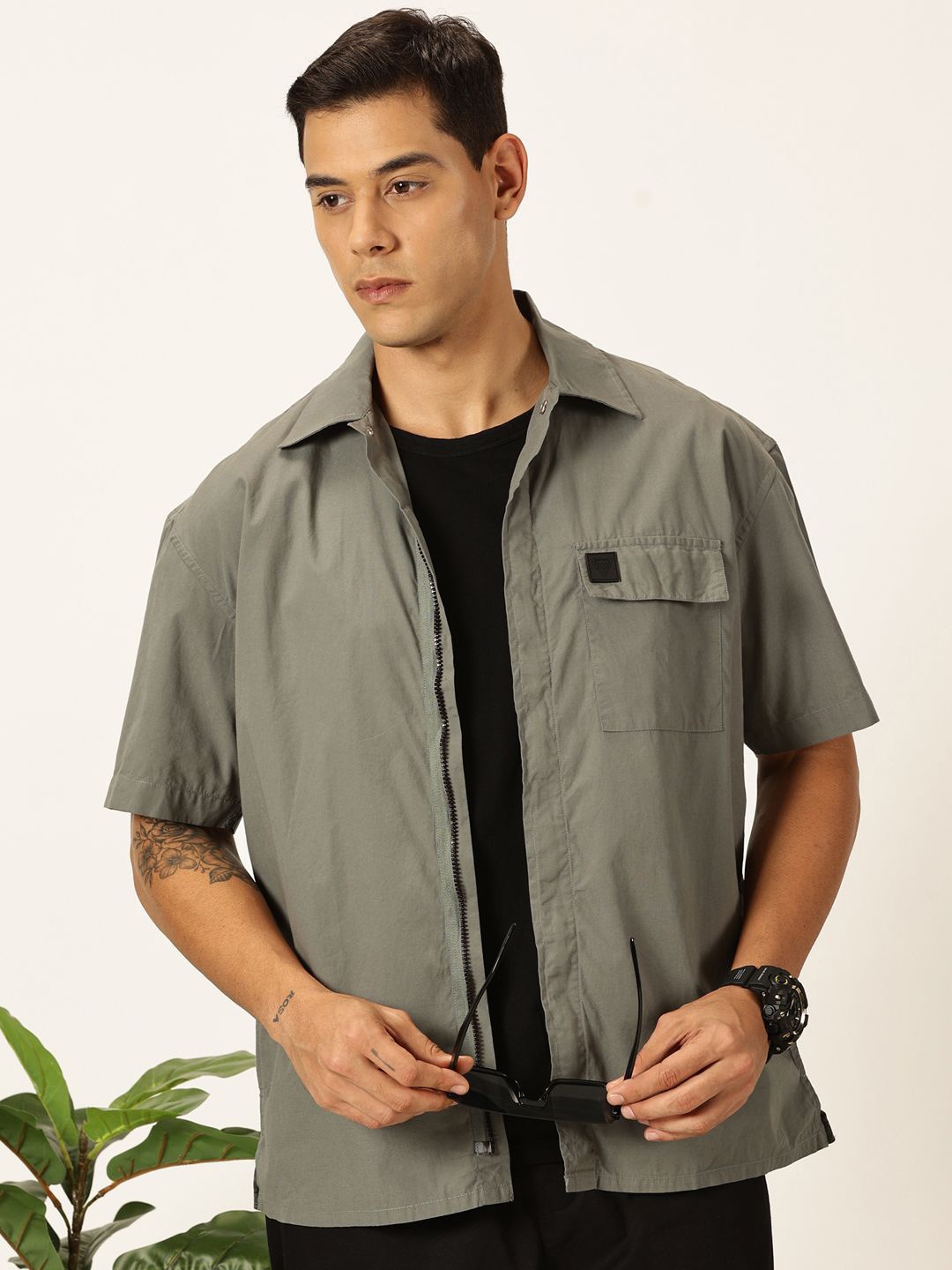

Thomas Scott Men Premium Boxy Pure Cotton Casual Shirt, Olive