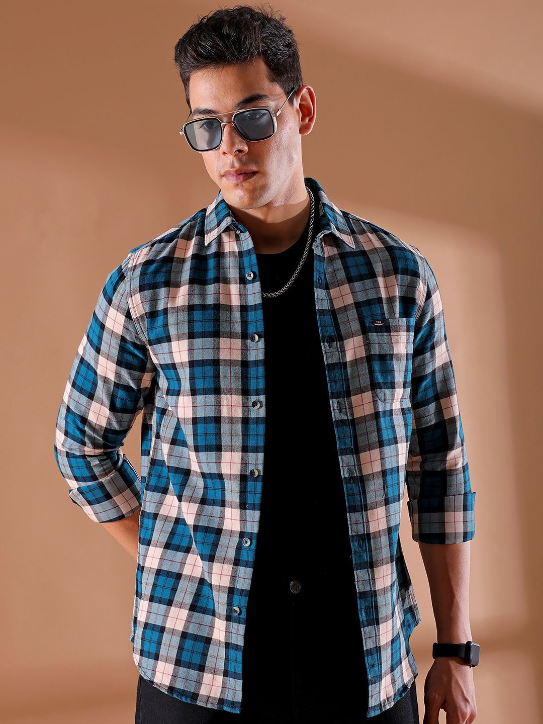 

The Indian Garage Co Men Slim Fit Buffalo Checks Opaque Checked Casual Shirt, Cream