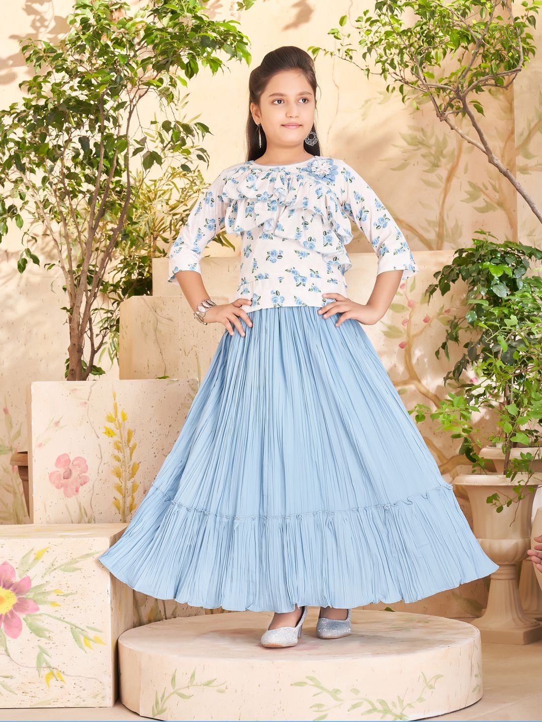 

Aarika Girls Printed Pure Cotton Top With Skirt, Blue