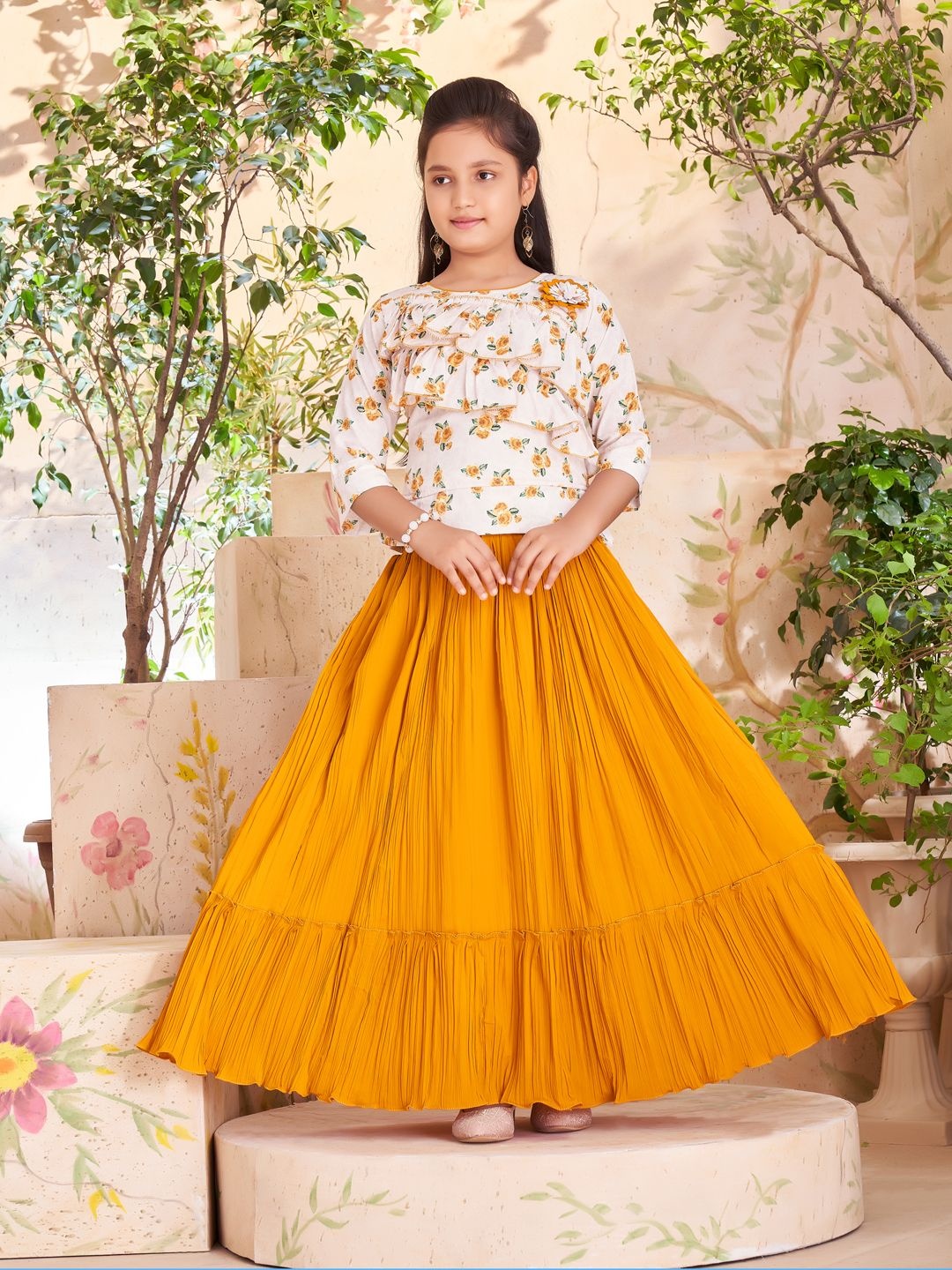

Aarika Girls Printed Pure Cotton Top with Skirt, Mustard
