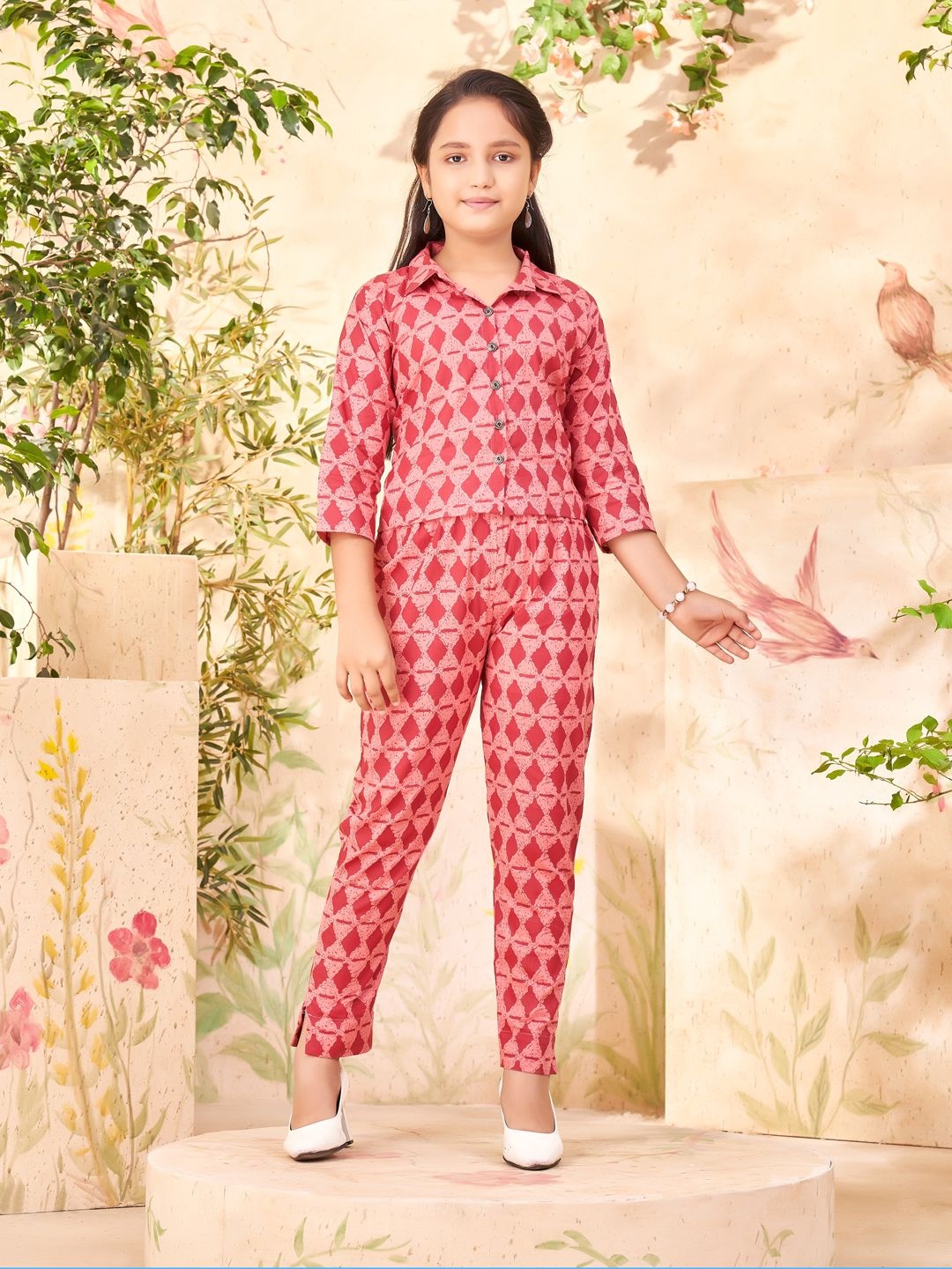 

Aarika Girls Printed Pure Cotton Shirt with Trousers, Maroon