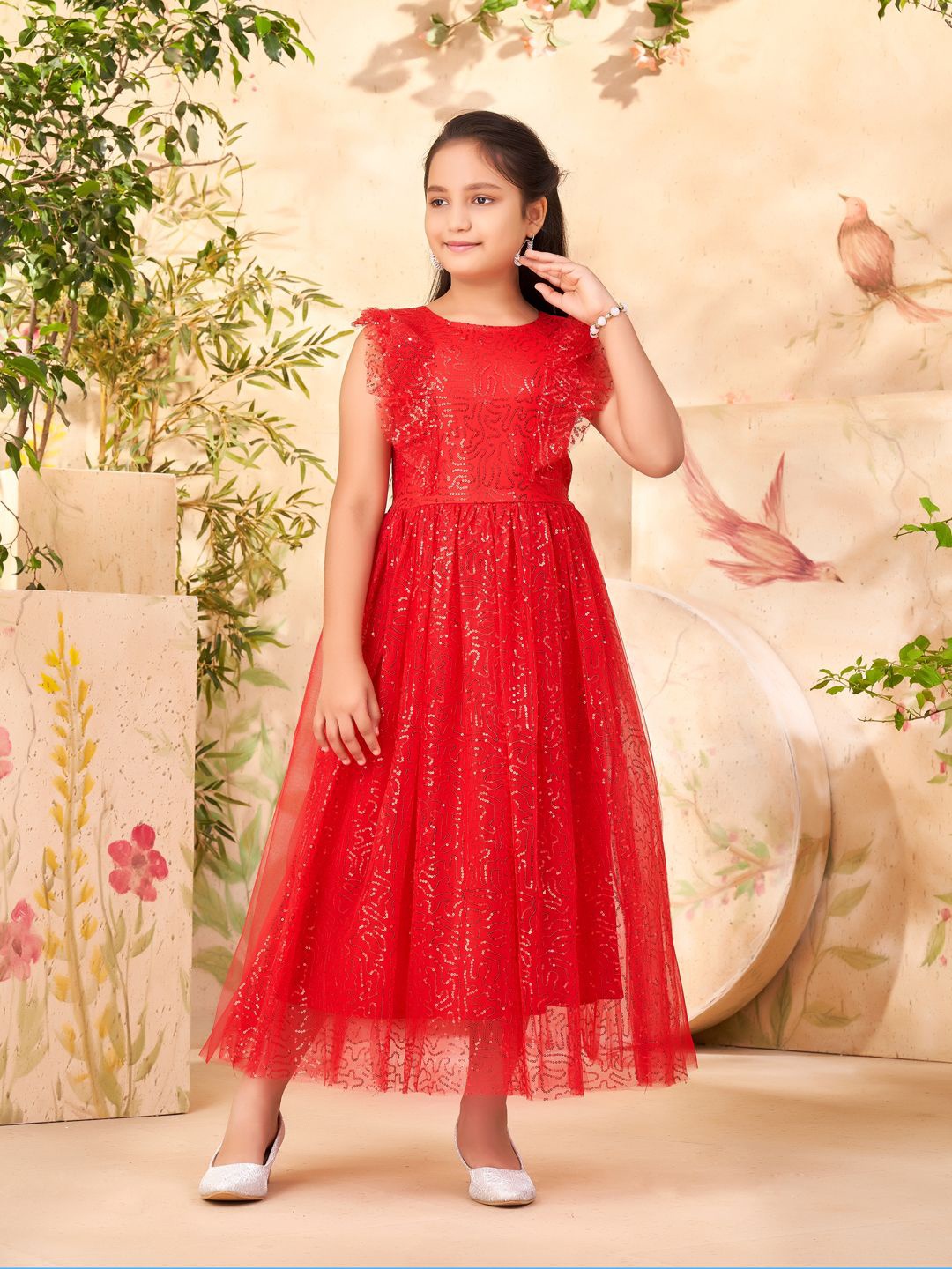 

Aarika Girls Self Design Net Maxi Dress, Red