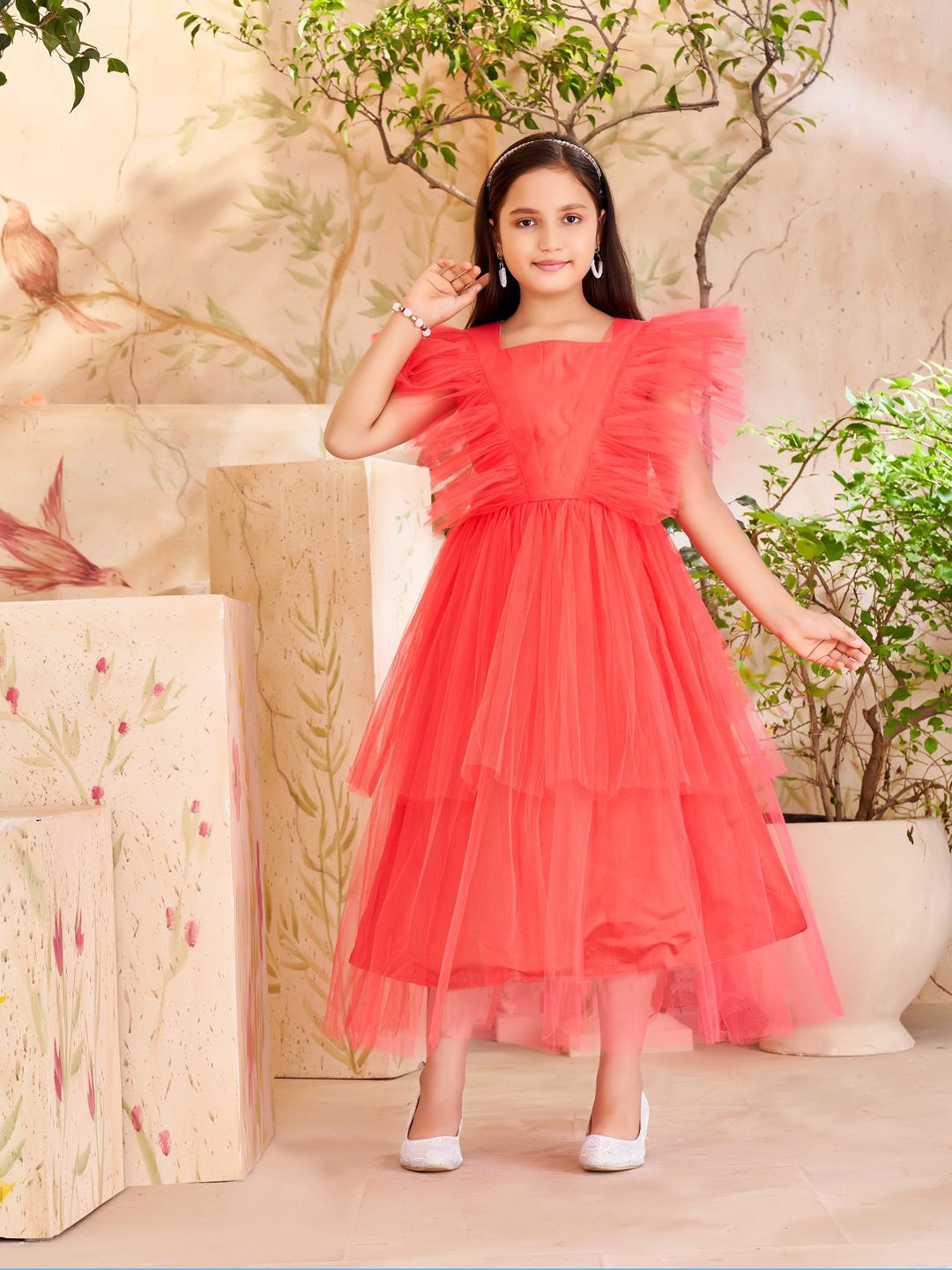 

Aarika Net Flutter Sleeve Net Maxi Dress, Red