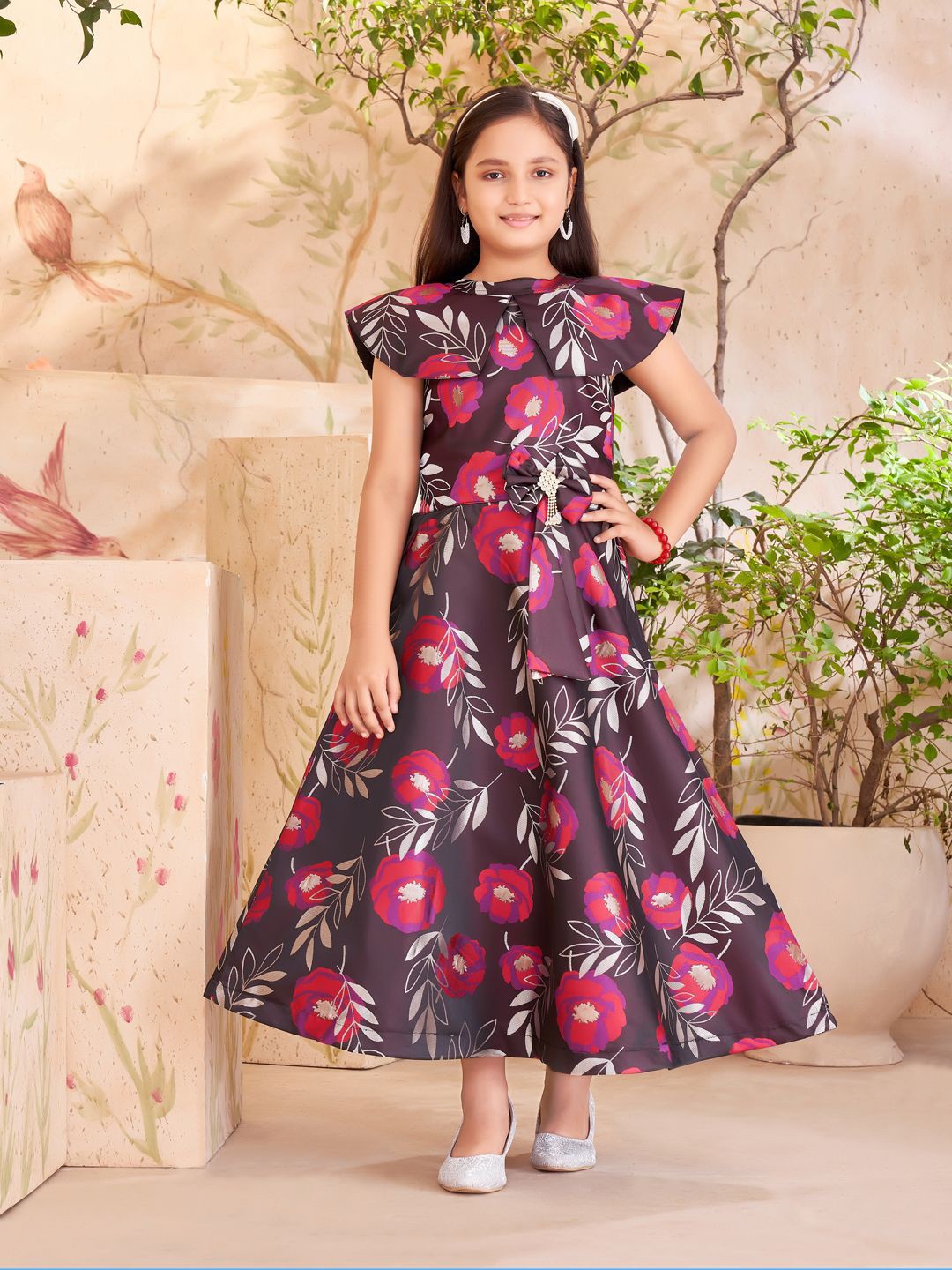 

Aarika Floral Print Flutter Sleeve Maxi Dress, Burgundy