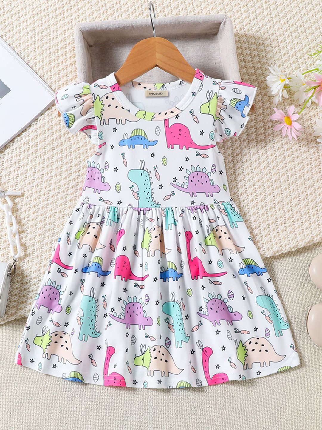 

INCLUD Printed Flutter Sleeve Fit & Flare Dress, White