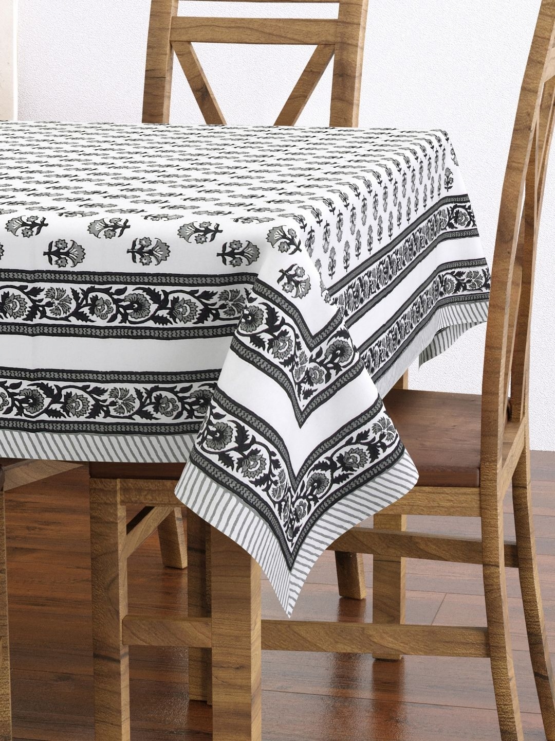 

BLOCKS OF INDIA Grey Floral Cotton Rectangle 6-Seater Table Cover