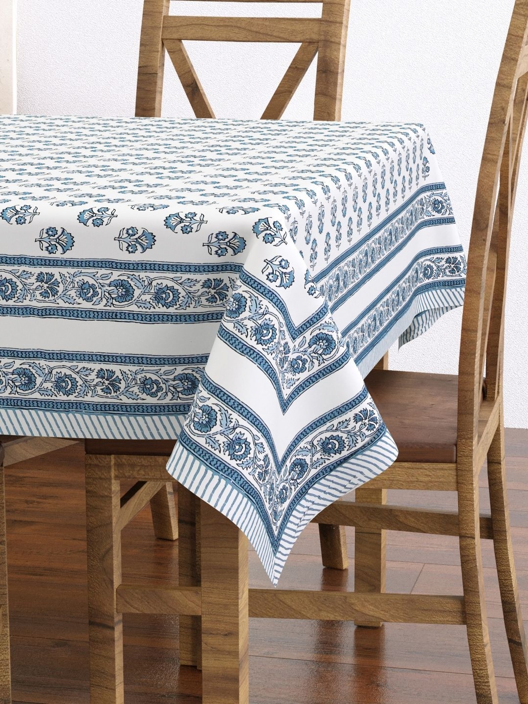 

BLOCKS OF INDIA White Floral Cotton Rectangle 6-Seater Table Cover