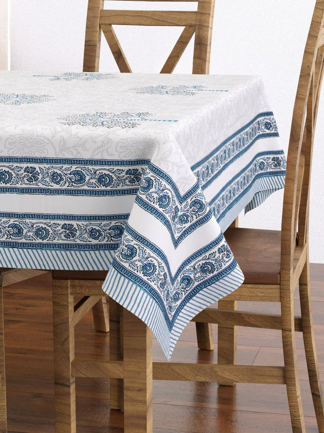

BLOCKS OF INDIA Blue Floral Cotton Rectangle 6-Seater Table Cover