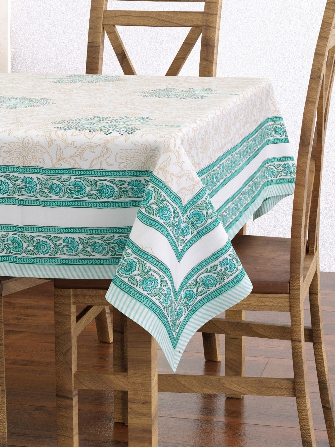 

BLOCKS OF INDIA Cream-Coloured Floral Cotton Rectangle 6-Seater Table Cover