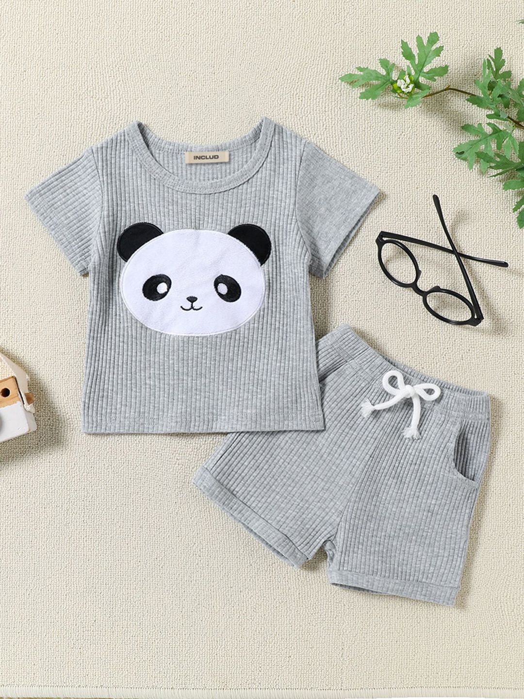 

INCLUD Boys Panda Printed T-shirt With Shorts, Grey