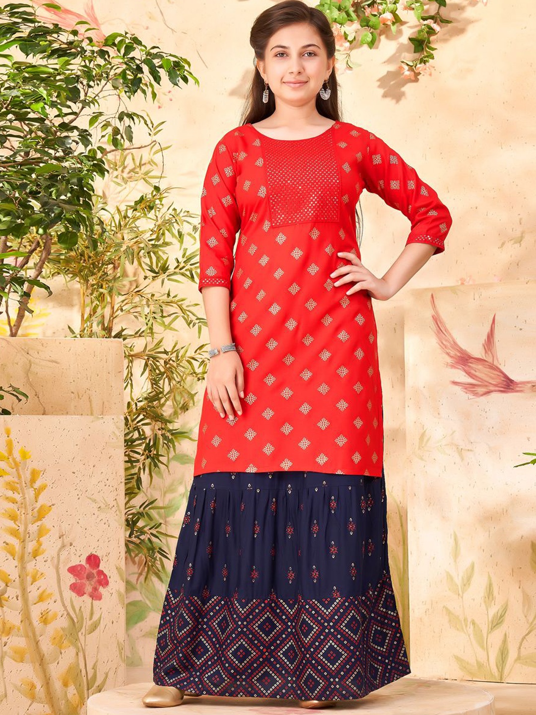 

BAESD Girls Floral Woven Design Sequins Cotton Straight Kurta, Red