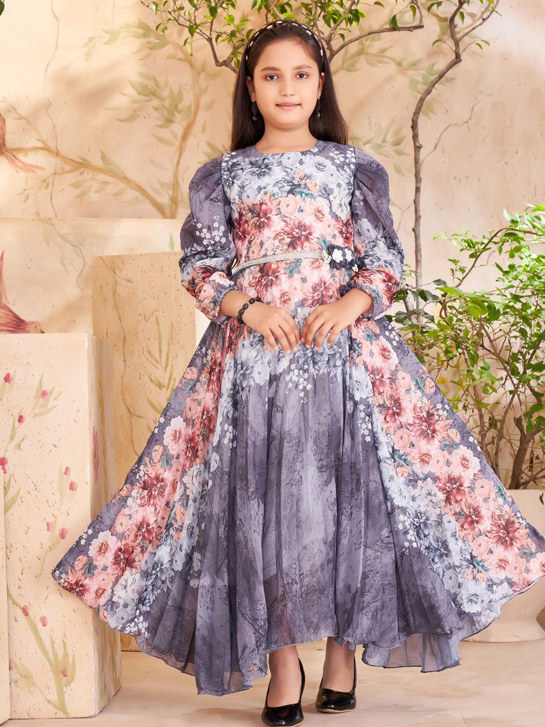 BAESD Floral Print Georgette Maxi Dress, Grey