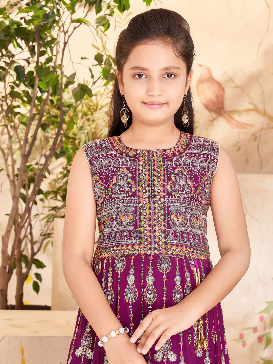

BAESD Girls Ethnic Motifs Round Neck Georgette A-Line Maxi Dress, Purple