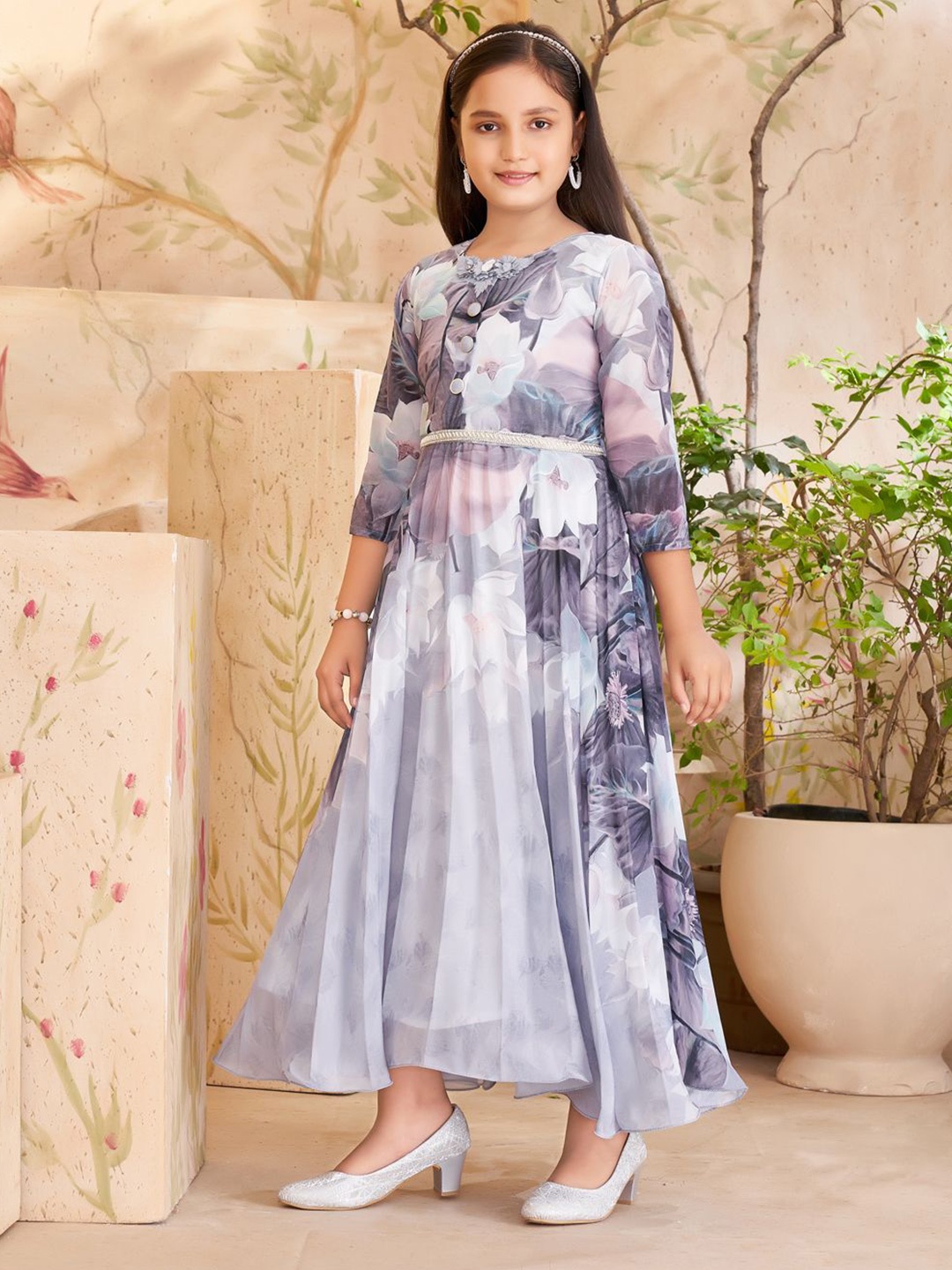 BAESD Floral Print Georgette Empire Maxi Dress, Brown