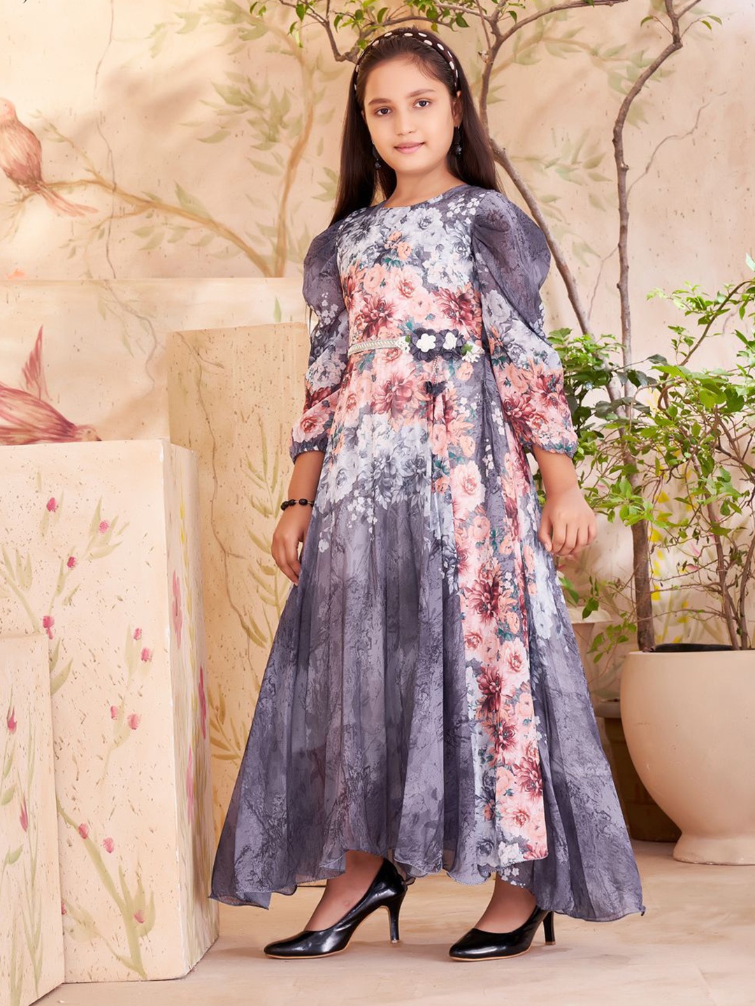 

BAESD Girls Floral Print Georgette Puff Sleeves Maxi Dress, Peach
