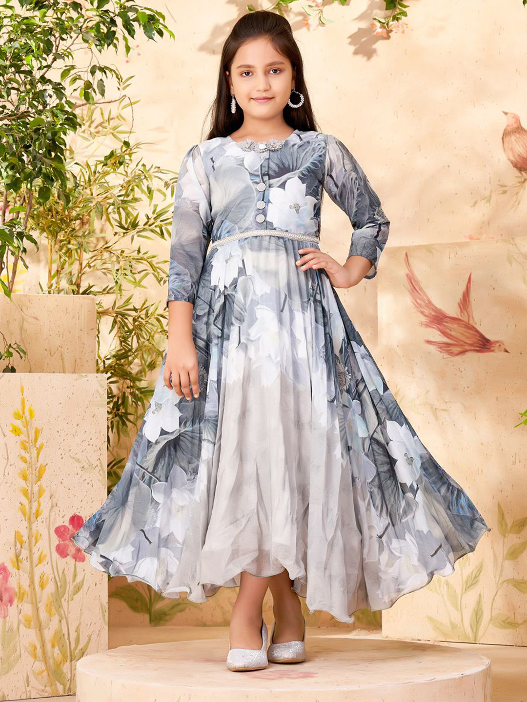 

BAESD Girls Floral Print Georgette Fit & Flare Maxi Dress, Green