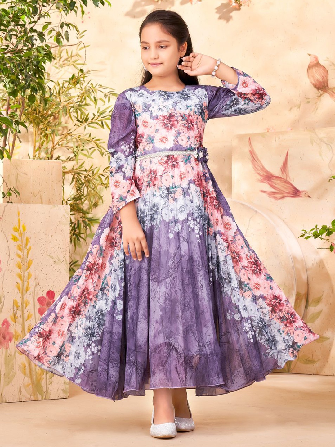 

BAESD Girls Floral Print Round Neck Georgette Maxi Dress, Purple